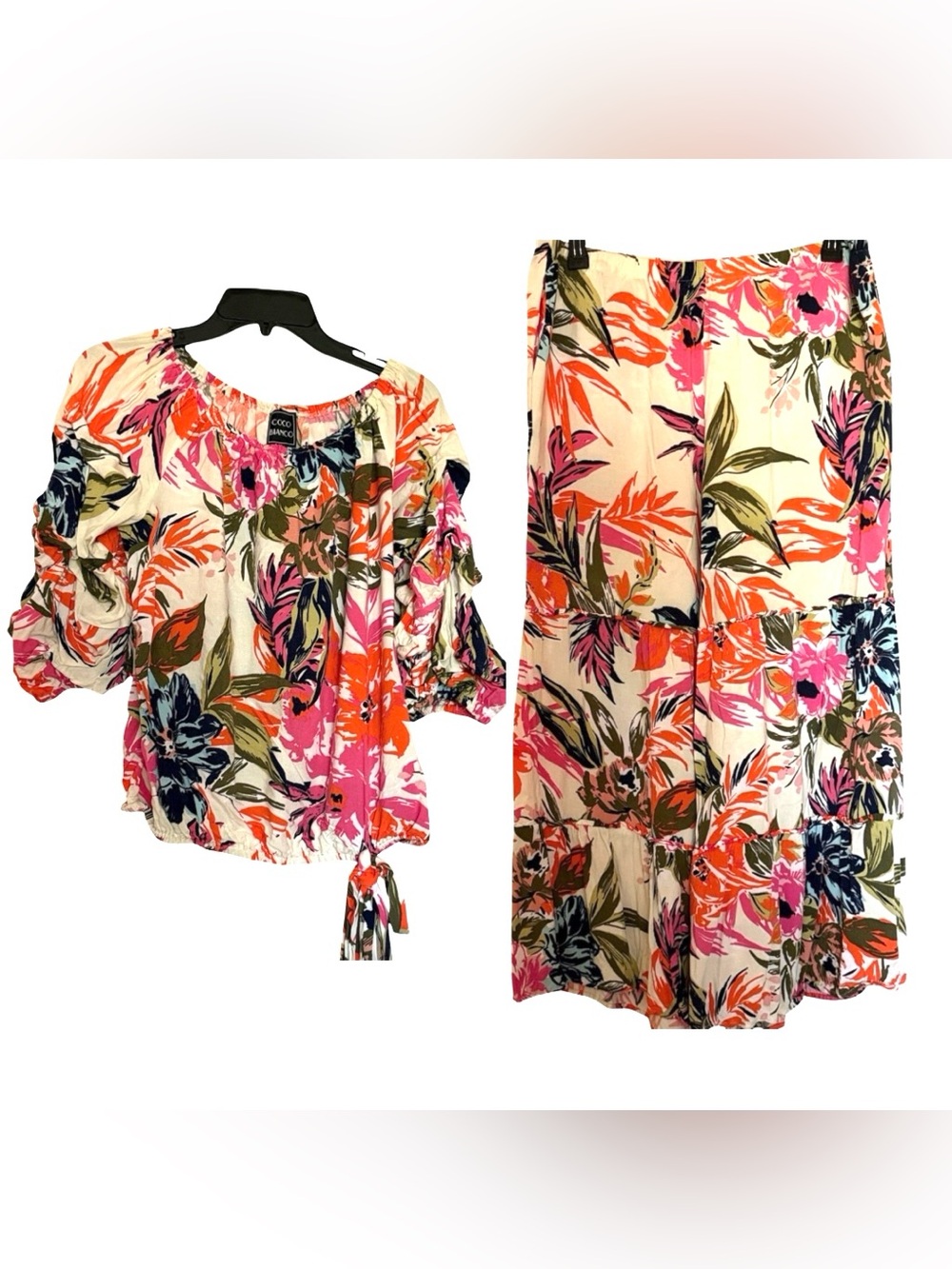 Coco Bianco beautiful tropical print, palazzo tiered pants w/ matching top, L/XL